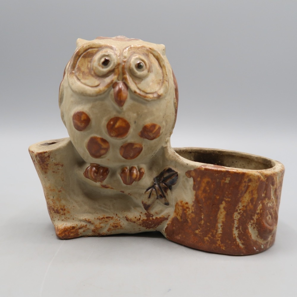Vintage Bird Owl Sitting on Log Candle Holder Brown Ceramic by‎ Counterpoint